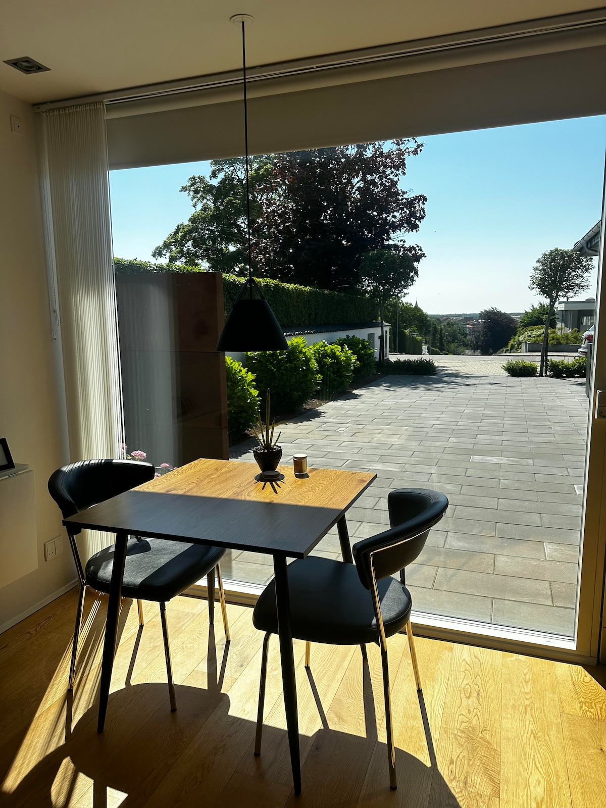 A dining table with two chairs is positioned near large glass doors, providing a view of the outdoor pathway and greenery. Natural light fills the space, highlighting the wooden floor and minimalistic decor.