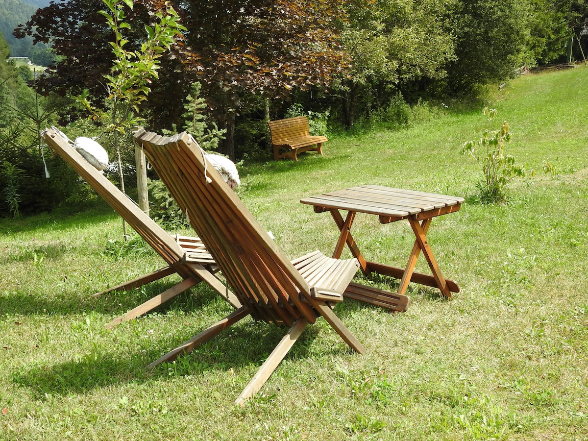 Two wooden lounge chairs feature a slatted design, positioned near a small folding table on a grassy area. Lush greenery surrounds the seating, with trees in the background providing shade. The setting conveys a peaceful outdoor space suitable for relaxation.