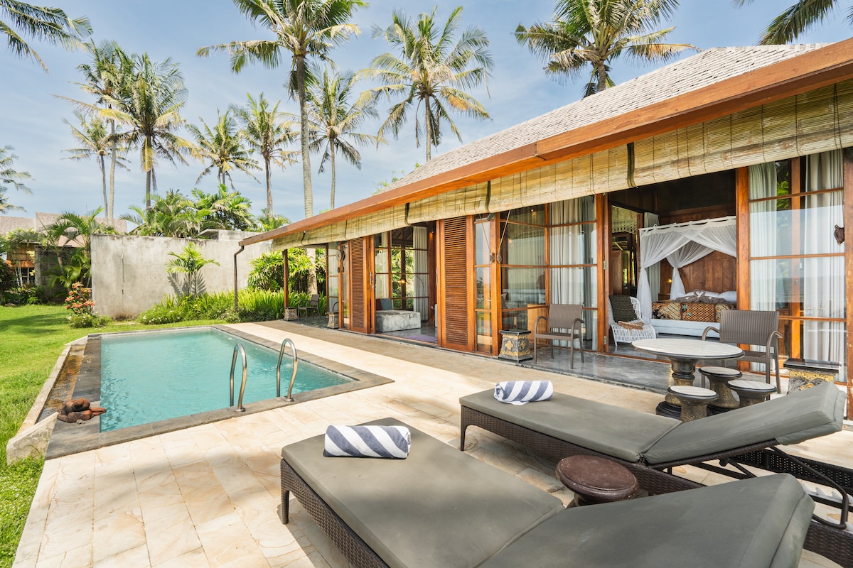 A modern glass house features a serene outdoor area with a private pool surrounded by tropical gardens. Two sun loungers with neatly arranged towels are positioned beside the pool, with tall palm trees swaying gently in the background.