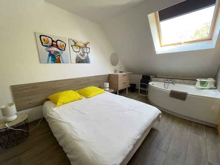 Chambre 6: Lit double 140cm, salle de bain intégrée avec baignoire et meuble vasque.