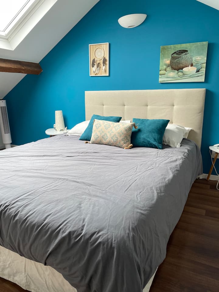 غرفة نوم مع مكيف هواء، حمام مع حوض استحمام ودش بجوار المرحاض، سرير 160 × 200