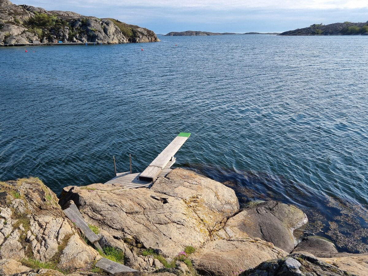A wooden dock extends from rocky terrain into calm water, surrounded by the natural coastline. Gentle waves can be seen lapping at the rocks, with greenery visible in the background. The sky is clear, enhancing the tranquil nature of the setting.