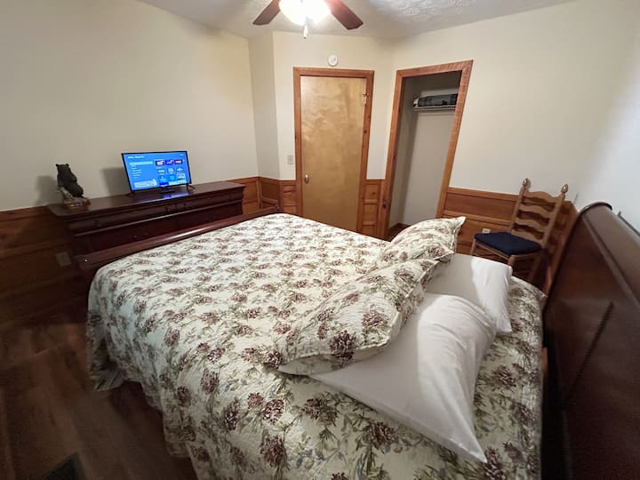 Dormitorio con cama tamaño queen y televisor Roku