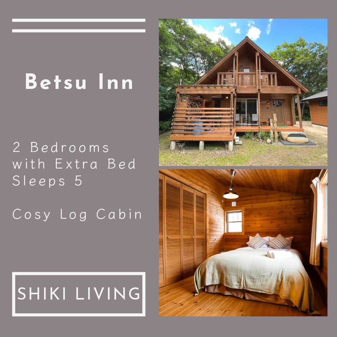 A log cabin is shown surrounded by greenery, featuring a spacious porch with seating. Inside, warm wooden walls and a soft bed create a cozy sleeping area, enhanced by natural light streaming through the window.