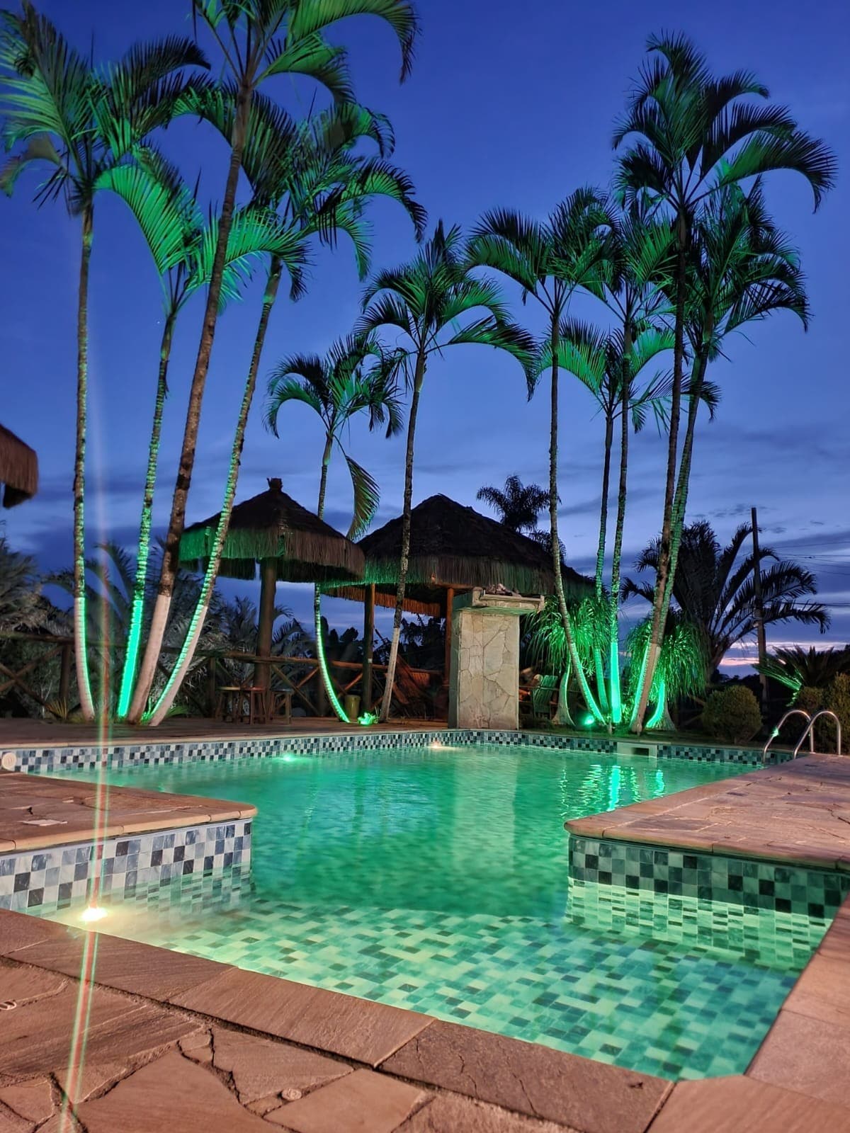 A serene pool area is surrounded by tall palm trees, softly illuminated by green lighting. The pool displays a vibrant turquoise hue, complemented by the intricately patterned tiled edges. Thatched pavilions are visible nearby, providing shaded seating options.