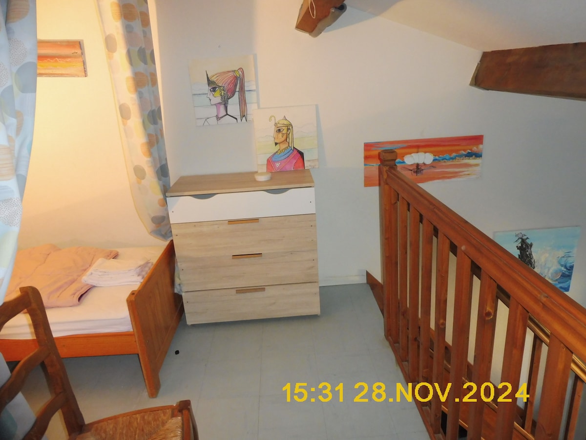 Altillo libre de cabañas
2 pequeñas alcobas cerradas con cortinas con un montón de juegos en los estantes de separación.
Un "chiller" extraíble permite refrescar el apartamento los días de calor 