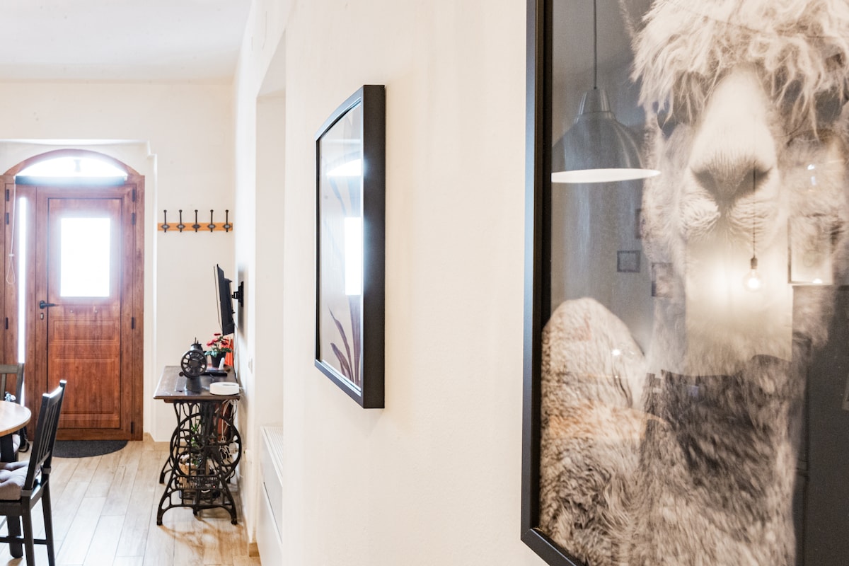 A hallway leads to a wooden door, softly illuminated by natural light. A framed photograph of a llama adorns the wall, with minimalist decor enhancing the ambiance. A dining table is visible nearby, accompanied by black chairs, creating a functional and welcoming space.