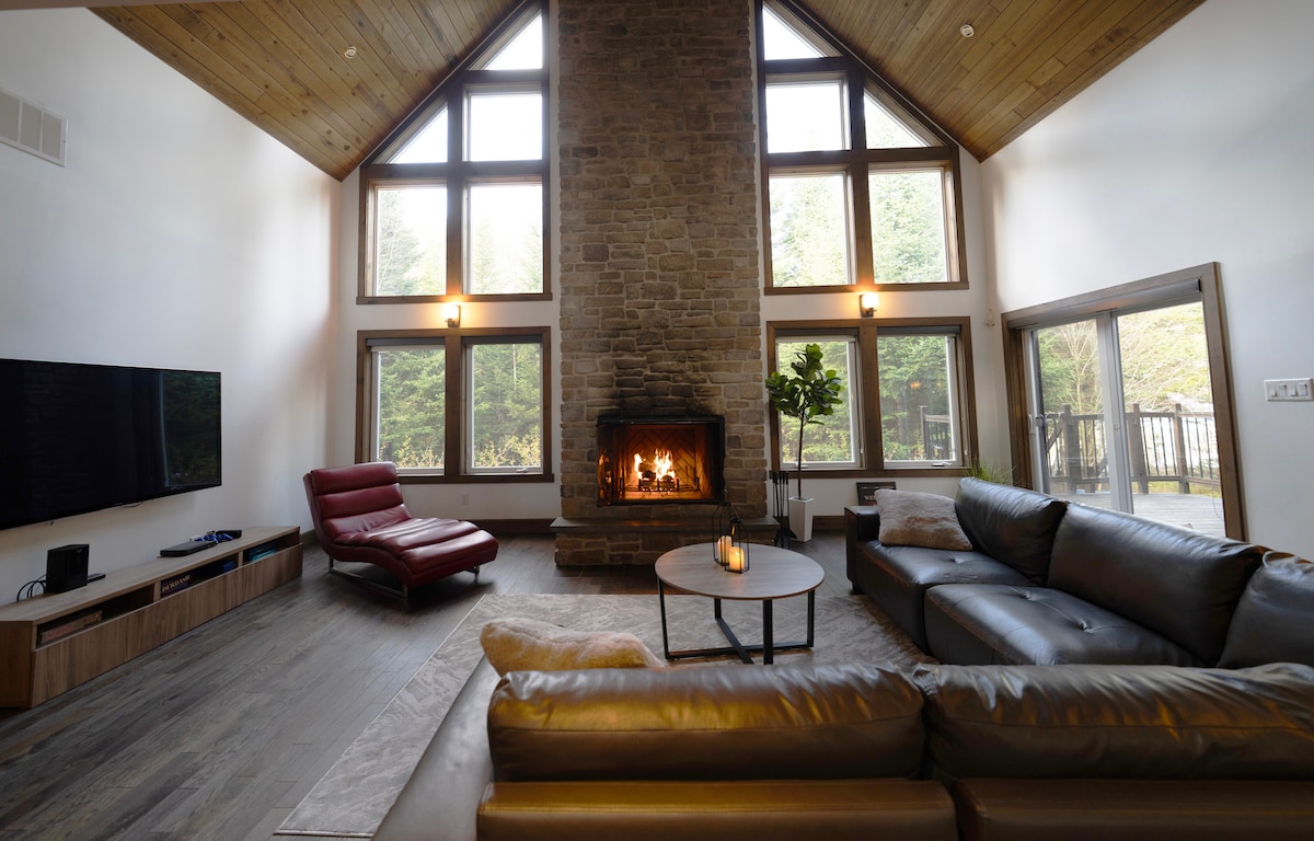 Meko ya kuni kwenye ghorofa ya chini pamoja na televisheni ya inchi 65 na michezo ya video ya zamani na burudani nyingine. Mlango wa baraza hutoa ufikiaji wa kwenye baraza, chumba cha kulia kilichofungwa, beseni la maji moto au ukingo wa maji.