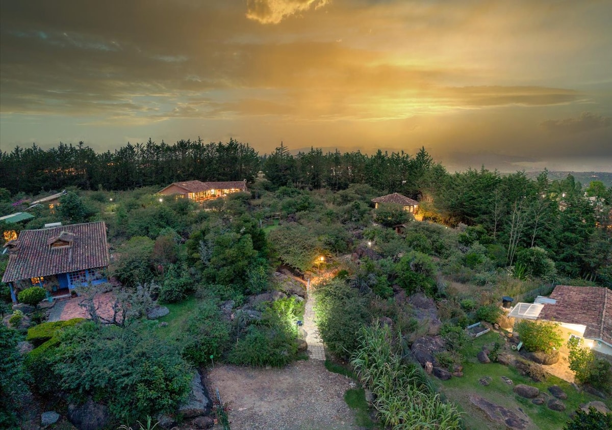 An aerial view showcases the serene landscape of El Hayuelo at sunset, highlighting its cabañas and diverse gardens. Soft, warm light from the buildings is visible amid the lush greenery, creating a peaceful environment surrounded by nature.