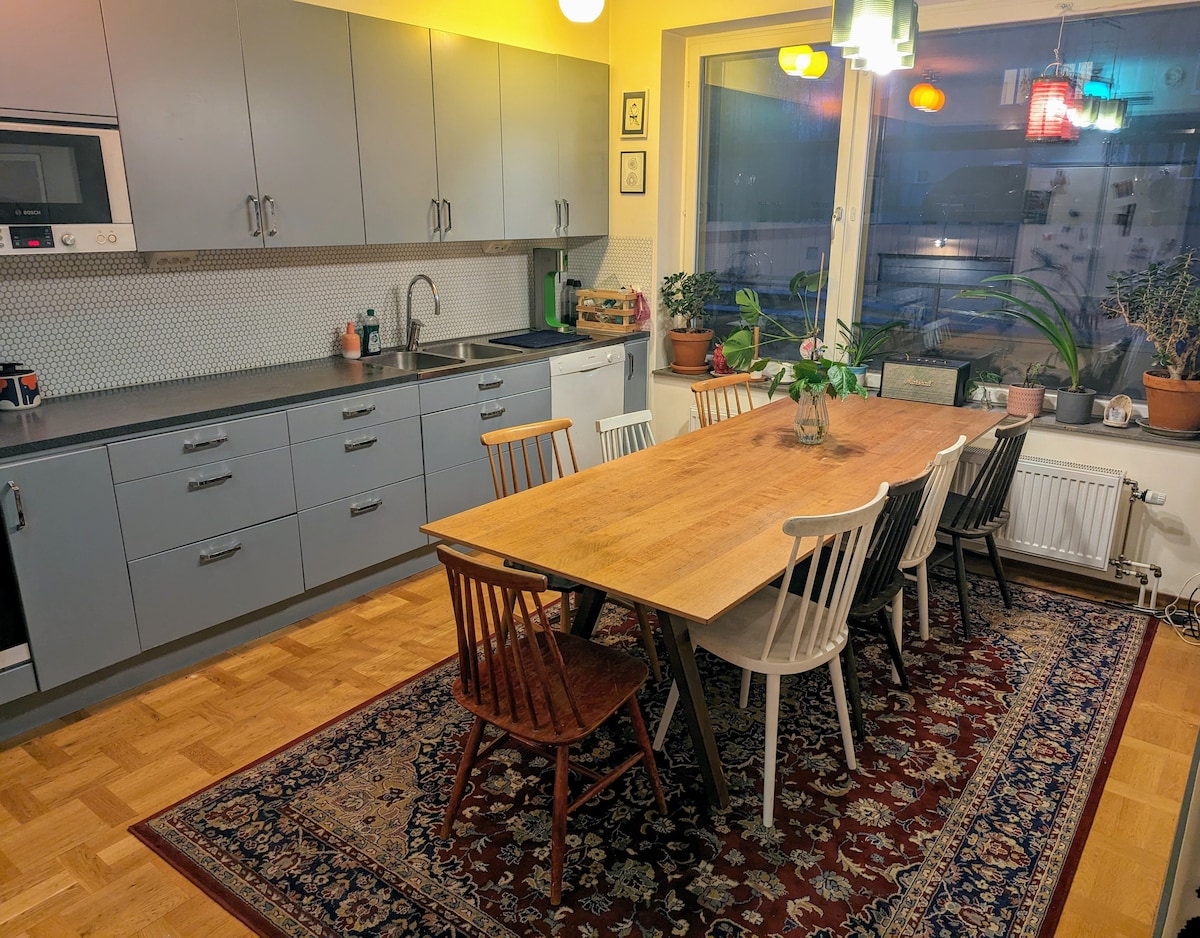 A well-equipped kitchen features gray cabinets and a spacious wooden dining table surrounded by a mixture of chairs. Soft lighting illuminates the space, highlighting the plants on the windowsill and the decorative rug on the floor.