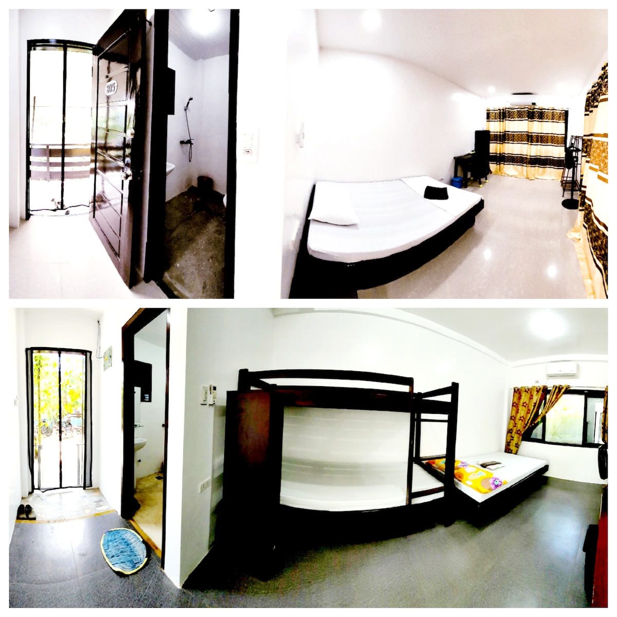 The image displays the guest room with a private entrance featuring a safety lock. Inside, there is a spacious bed and a bunk bed against the wall. Natural light enters through multiple windows, highlighting the room's sleek design and simplicity.