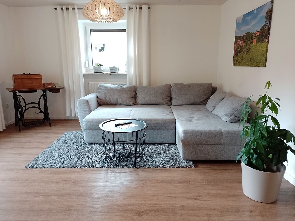 A comfortable seating area features a large grey sectional sofa and a round black coffee table placed on a textured rug. A potted plant adds a touch of greenery, while light filters in through a window adorned with white curtains. A small table stands against the wall.