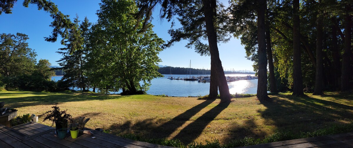 A panoramic view of a serene waterfront scene is captured, showcasing lush green trees and a grassy area. The calm water reflects the sunlight, with boats visible in the distance. Long shadows stretch across the lawn, highlighting the peaceful surroundings.