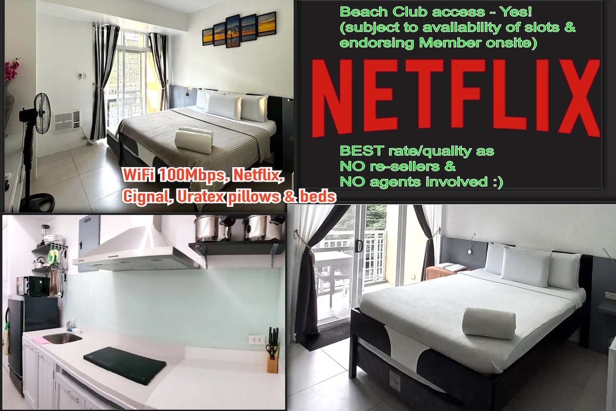 The studio room features a spacious bed with Uratex bedding, complemented by modern furnishings. A well-equipped kitchen includes an induction stove and ample counter space. A large window allows natural light to brighten the area, with a balcony offering outdoor access.