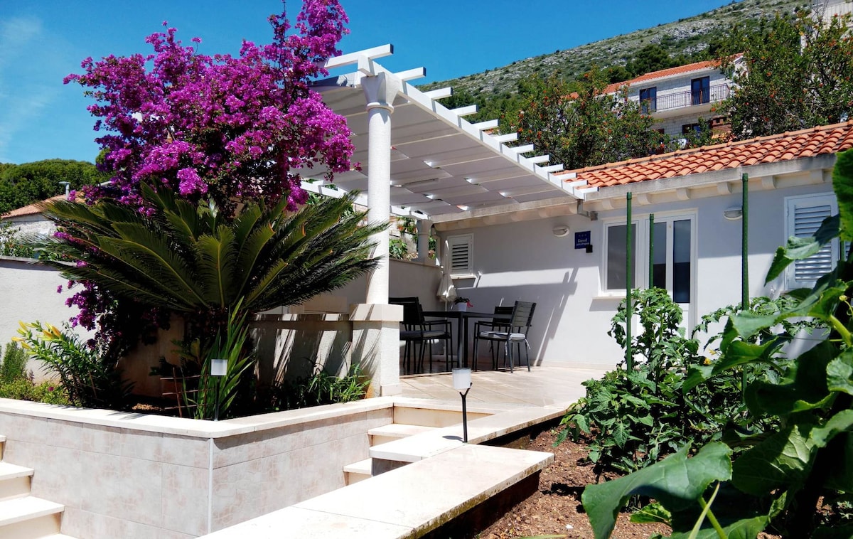 A terrace is surrounded by lush greenery and vibrant purple flowers, under a pergola that provides shade. A dining table and chairs are visible, inviting outdoor meals. Steps lead up to the entryway of the studio apartment, highlighting the peaceful garden surroundings.
