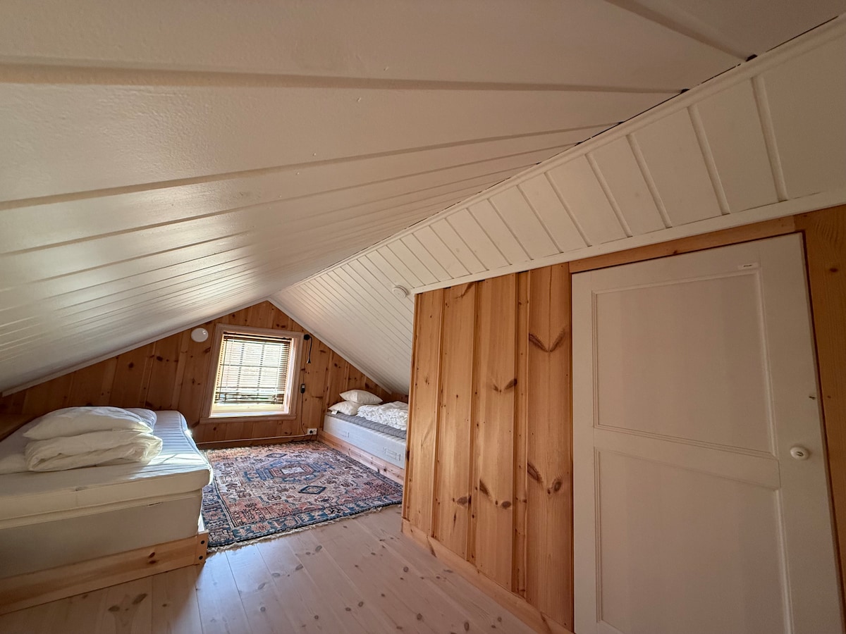 Loft room without full standing height (max height 160 cm) with two madrac (Private locked storage room for cabin owner) Door in from bedroom 4 