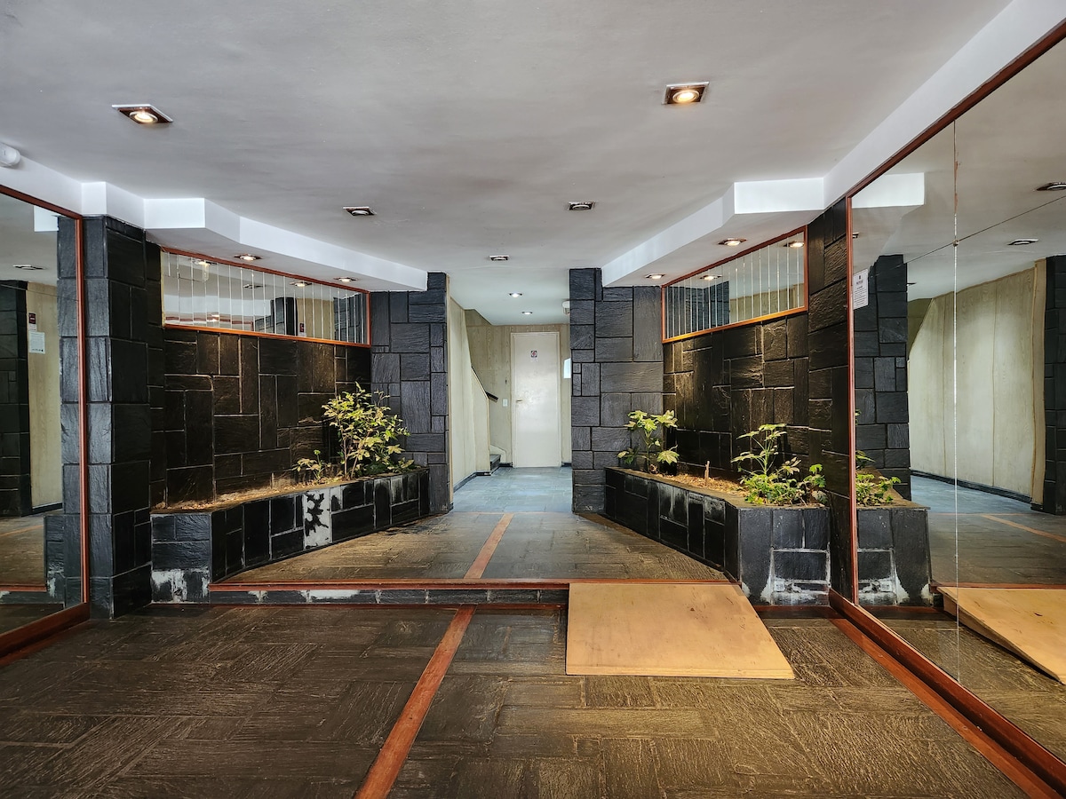 The entryway features a modern design with mirrored walls and a combination of black stone accents. A small indoor garden with greenery adds a natural touch, while the flooring is finished in dark tiles. Soft lighting illuminates the space, creating a welcoming atmosphere.