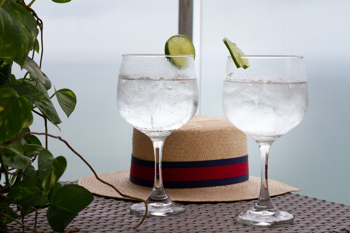 Two large glasses filled with sparkling water sit on a woven outdoor table, each garnished with lime slices. A straw hat decorated with a red and blue band rests nearby, surrounded by green leaves from a potted plant.