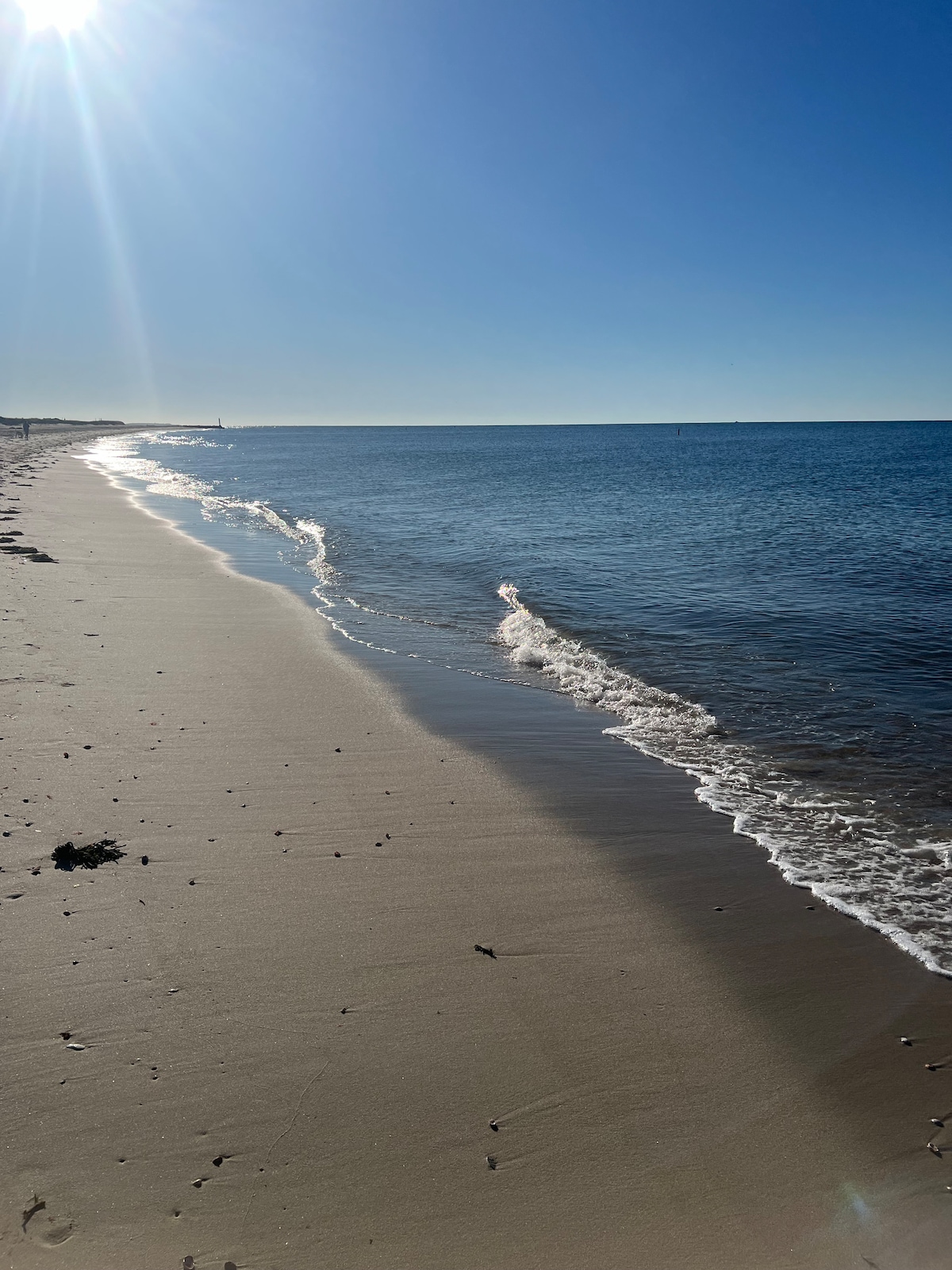 The image captures a tranquil beach scene, featuring gentle waves lapping against the sandy shore. The shoreline stretches into the distance under a clear blue sky, with the sun casting soft light on the landscape. The water's surface reflects shimmering sunlight.
