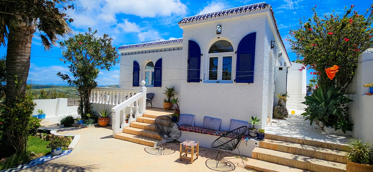 The villa features white walls and blue shutters, surrounded by lush greenery. A spacious terrace is seen, with two stylish chairs positioned on a stone pathway that leads toward the entrance. Flowering plants and trees enhance the vibrant outdoor space.