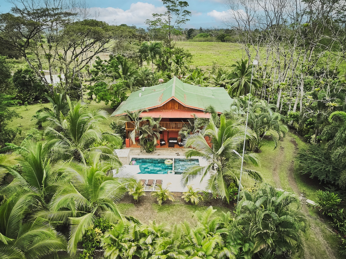 The property is surrounded by lush greenery, featuring a private pool at the center. A rustic house with a green roof is visible, complemented by multiple palm trees. Open space surrounds the home, providing a serene and natural setting.