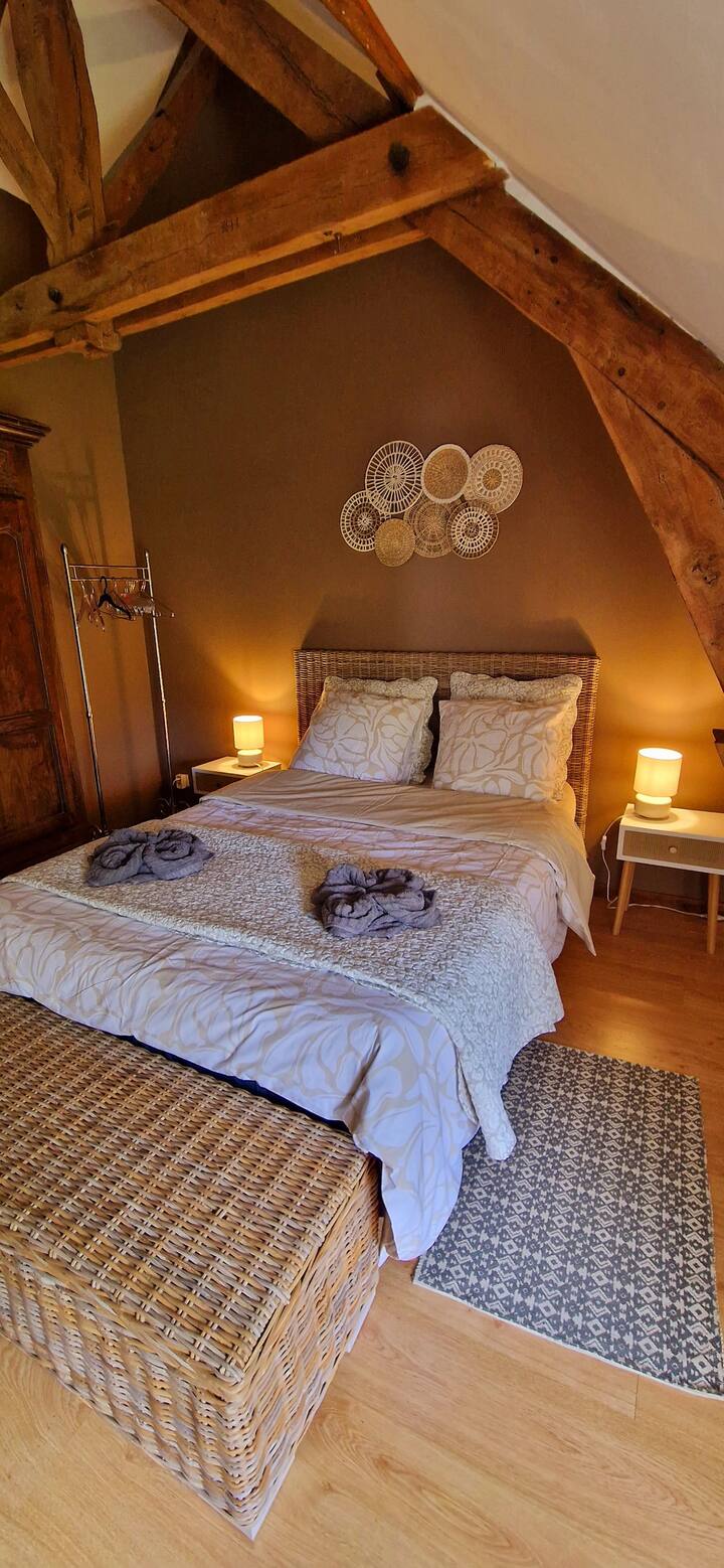 Habitación 2 suite con ducha y WC con una cama doble armario ropero sillón