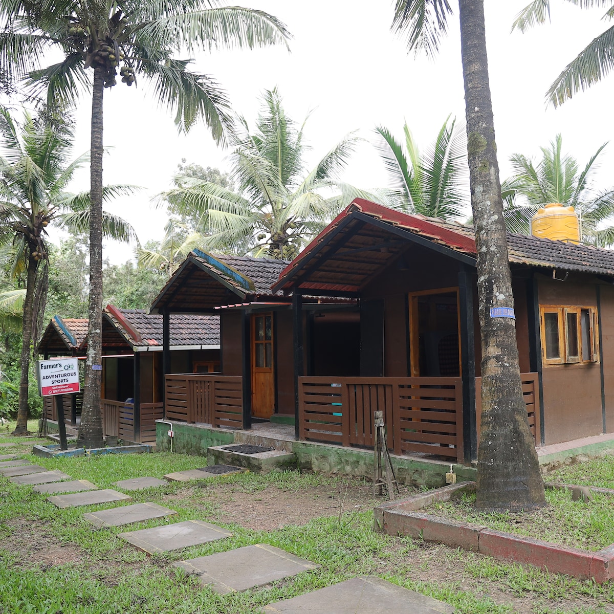 A row of cottages is nestled among palm trees, featuring wooden doors and roofs with vibrant red accents. Stone pathways lead to each unit, enhancing accessibility through the lush green surroundings.