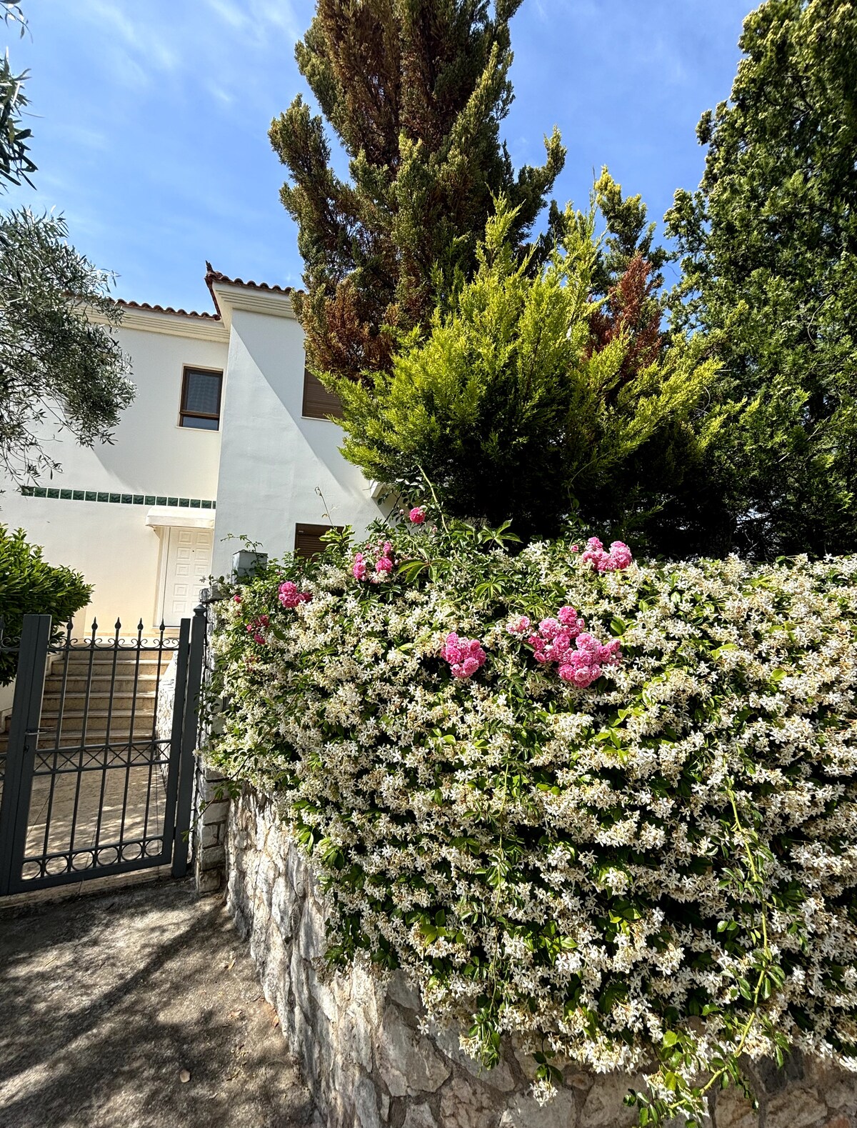 A well-maintained garden features lush greenery and vibrant flowers, including clusters of pink blooms. The entrance gate is framed by a stone wall, providing a charming view of the peaceful surroundings and the three-story villa beyond.
