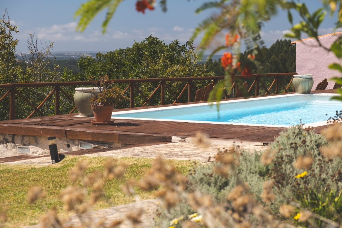 A private pool is showcased within a landscaped garden, framed by a wooden deck. Surrounding plants and flowers add natural beauty, while comfortable seating is positioned along the pool's edge. Scenic views of rolling hills are visible in the distance under a clear sky.