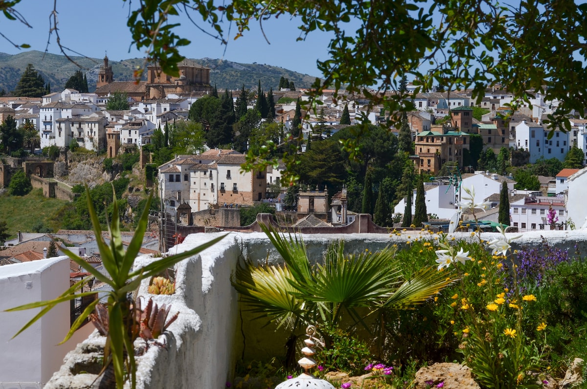 A vibrant garden view showcases a mix of greenery, including various plants and flowers, with the historic town of Ronda in the background. The landscape features traditional white buildings and the silhouette of the mountains, offering a tranquil and picturesque urban scene.