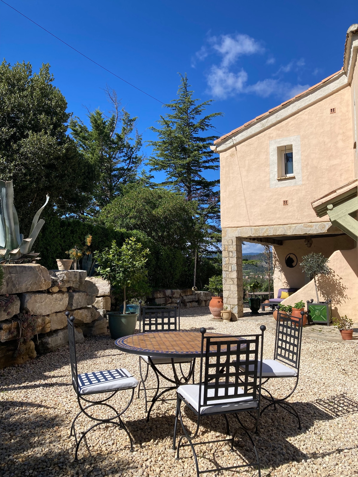 A charming outdoor terrace is presented with a round table and four chairs, surrounded by gravel and potted plants. Lush trees provide a natural backdrop. The building features a warm, earthy exterior and is complemented by a clear blue sky.