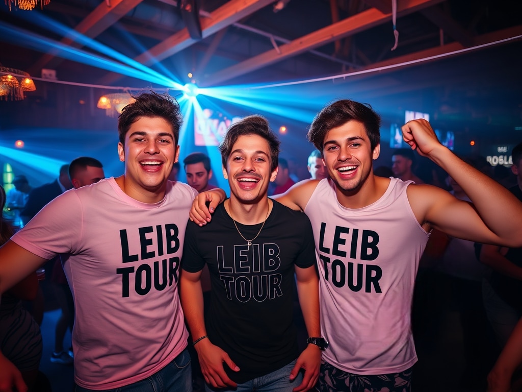 Three individuals stand together in a lively indoor setting, wearing matching branded shirts. The background is dimly lit with colorful lights and beams creating an energetic atmosphere. The scene reflects a social gathering, emphasizing camaraderie and enjoyment.