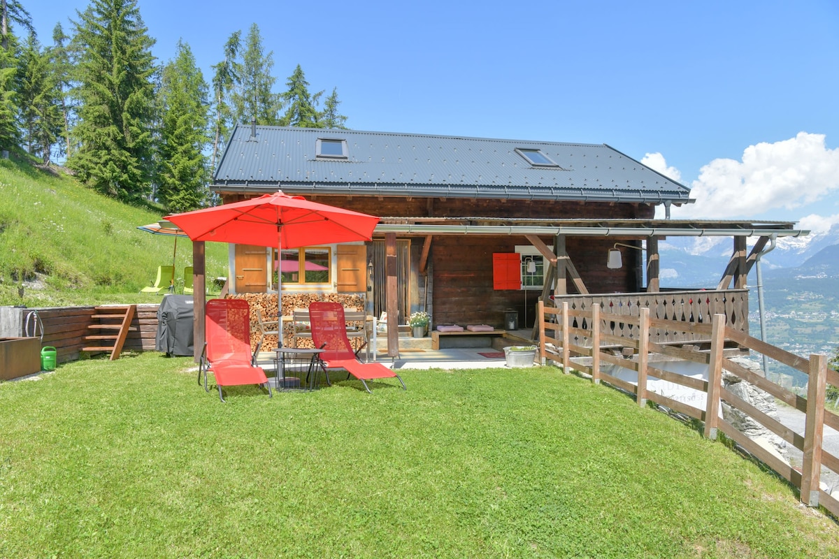 A wooden mayen is showcased against a backdrop of lush greenery and distant mountains. Two red lounge chairs and a large umbrella are positioned on the lawn, complemented by a wooden railing. The building features a sloped roof and large windows, inviting natural light indoors.