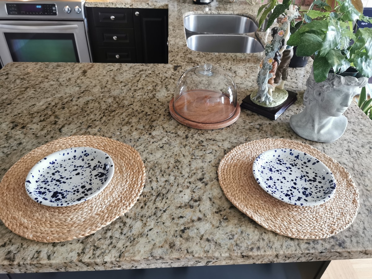 A kitchen countertop is displayed, featuring two decorative plates with a speckled design placed on woven chargers. Nearby, a glass cloche covers a small wooden serving board, accompanied by a figurine and a potted plant in a ceramic container.