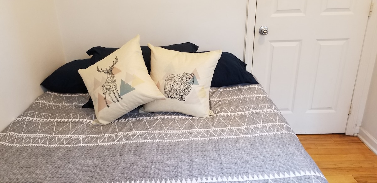 A spacious bed with a patterned gray blanket is adorned with two decorative pillows featuring animal designs. The light-colored wall contrasts with the dark bedding, while a closed door is visible in the background, providing access to the adjacent area.