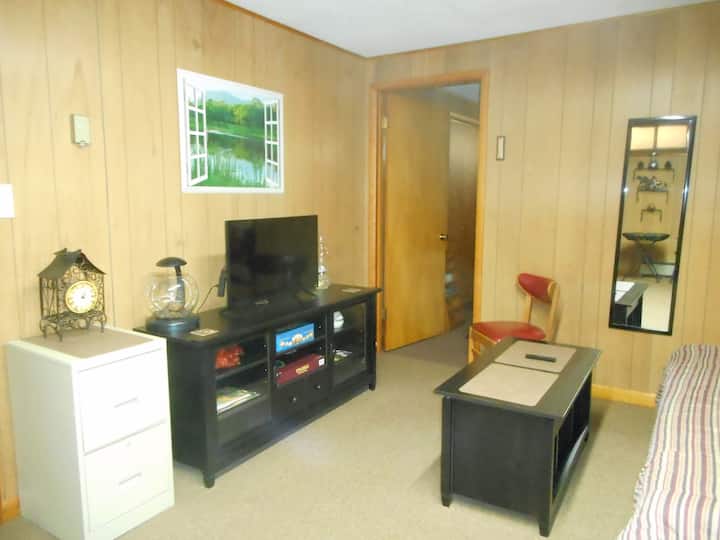 The coffee table top pulls up into a table. The fish bowl serves as a night light. There's various board games in the TV cabinet. TV service includes Amazon Prime, YouTube Premium. A house manual and maps Norton and Phillipsburg are on the cabinet.