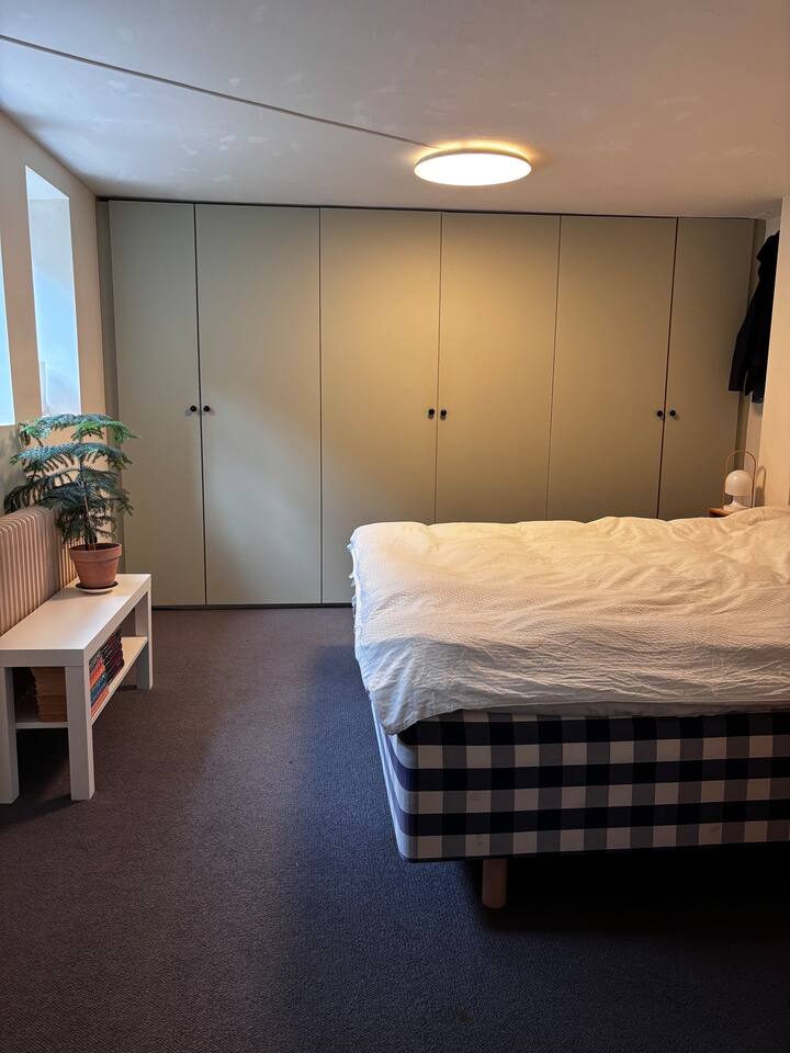 Heerlijke kelderkamer met ramen met uitzicht op een gezellige, afgesloten binnenplaats. Zacht tapijt en vlak naast toilet/badkamer. 