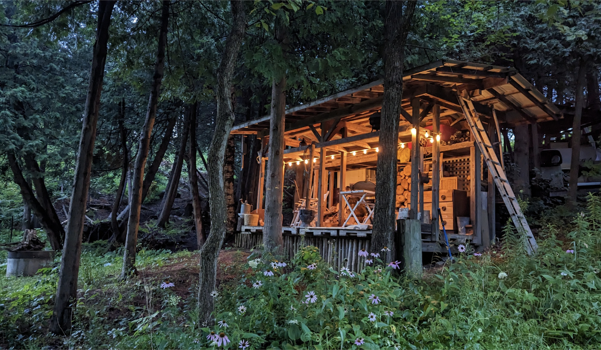 The Ketchum House is nestled among trees, showcasing a wooden exterior with a covered porch warmly lit by string lights. Surrounding greenery and wildflowers enhance the connection to nature, while the structure integrates seamlessly with the forested landscape.