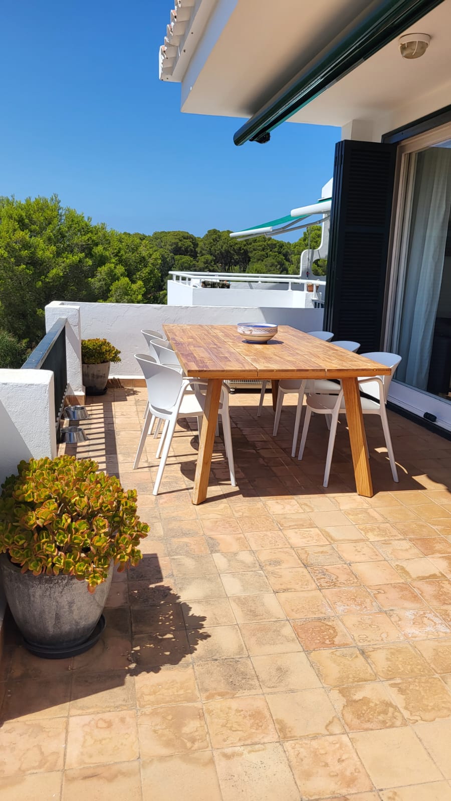 A spacious terrace features a wooden dining table surrounded by white chairs. Potted plants are placed at the edge, adding greenery to the space. Open skies and sunlight create a bright environment, inviting relaxation and outdoor dining.