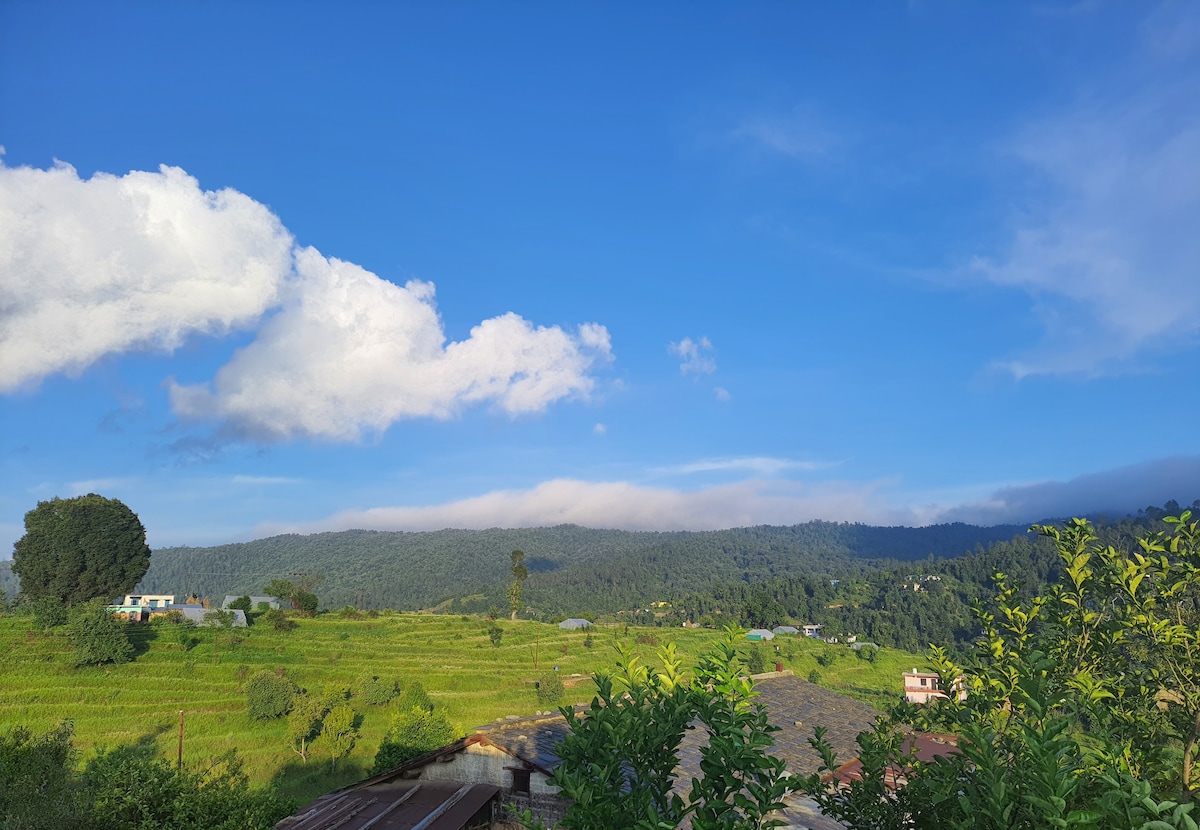 A wide view reveals rolling hills covered in lush greenery under a bright blue sky. Fluffy clouds drift above, adding depth to the serene landscape. Distant structures blend subtly into the environment, showcasing the peaceful rural setting.