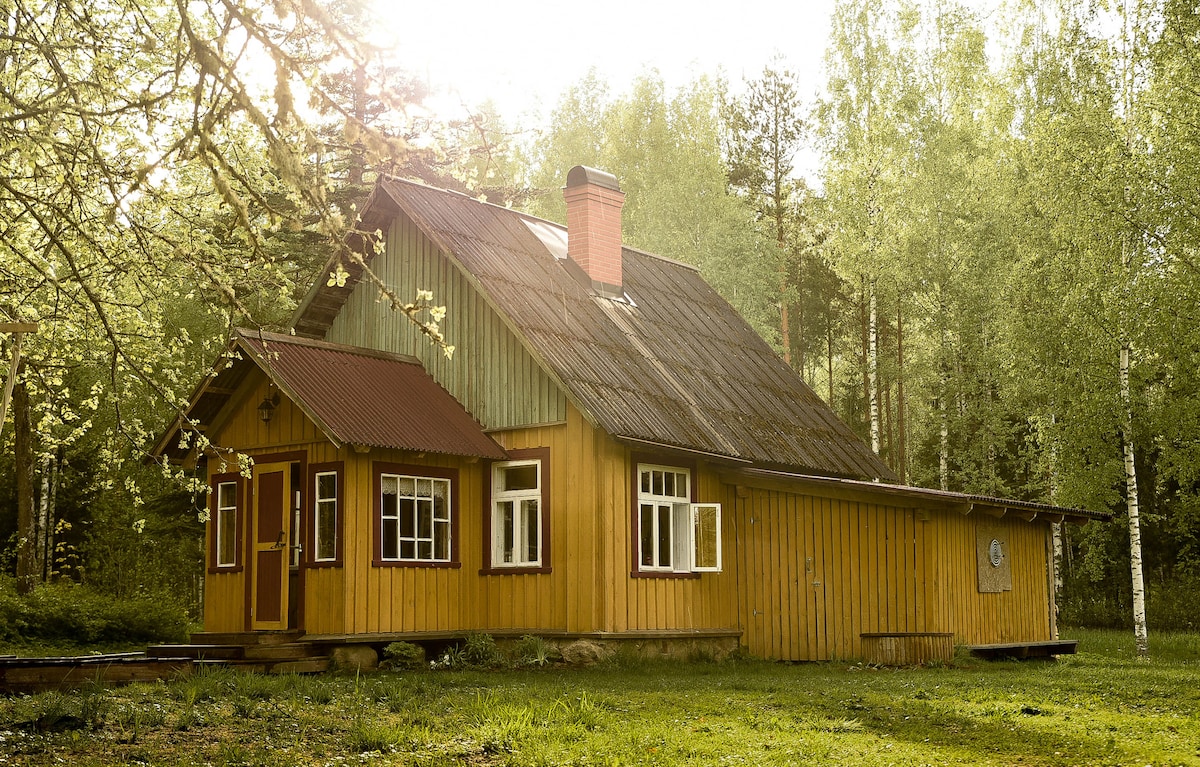 A charming wooden house is nestled among green trees, featuring a sloped roof and large windows that allow natural light to enter. The bright yellow exterior is complemented by rustic red details, providing a cozy atmosphere in a serene forest setting.