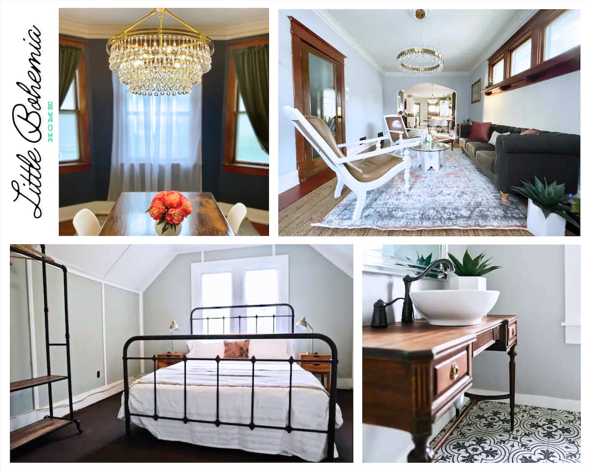 An elegant dining area features a sparkling chandelier above a simple wooden table adorned with a floral centerpiece. A cozy living room displays a neutral-colored sofa and a stylish area rug. A serene bedroom includes a black metal bed frame with white bedding, complemented by a wooden nightstand with a modern bowl sink.