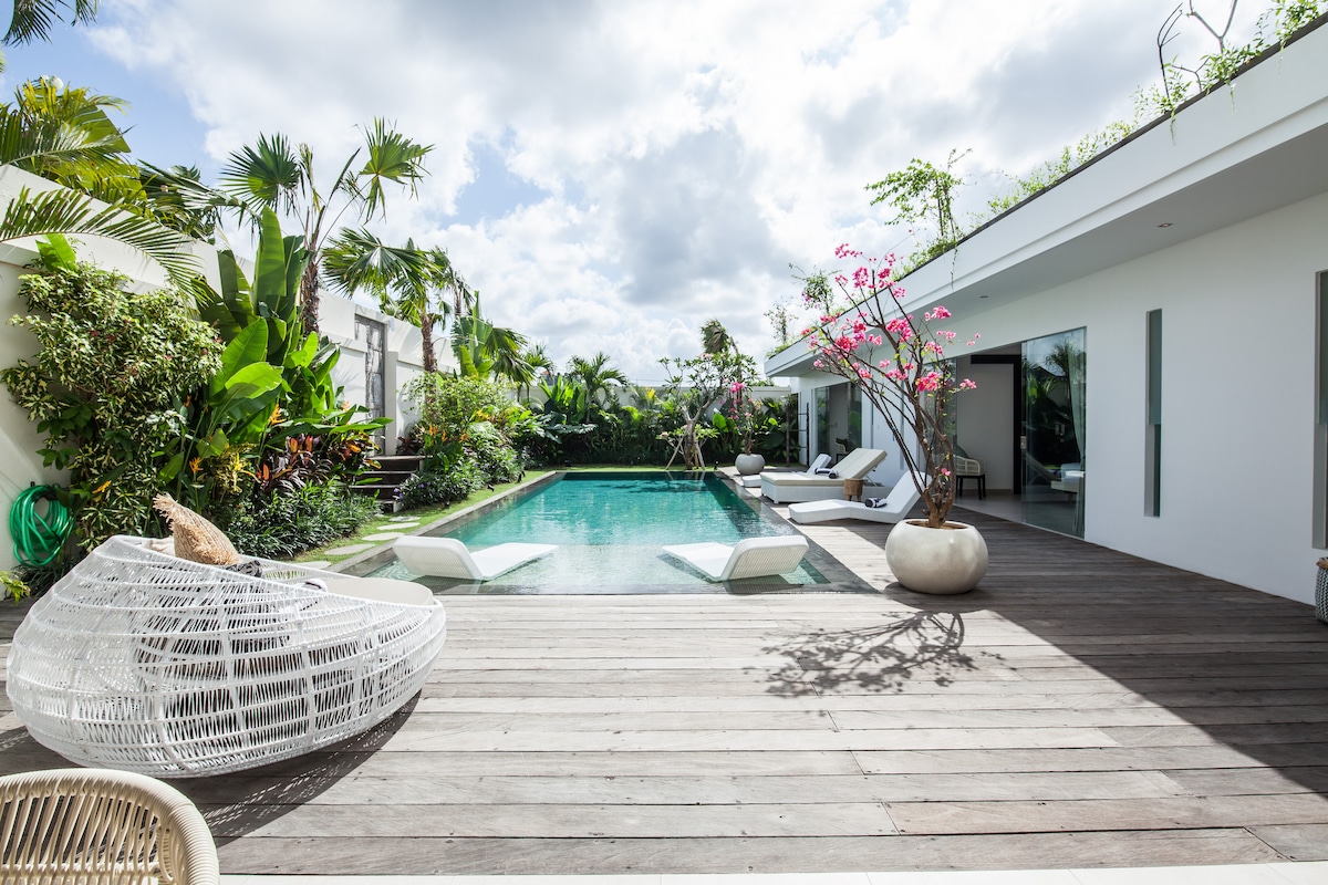 A serene outdoor space is showcased, featuring a large private pool surrounded by lush tropical plants. Sun loungers are positioned near the pool, and a unique woven chair is situated on the wooden deck. Soft natural light illuminates the scene under a partly cloudy sky.
