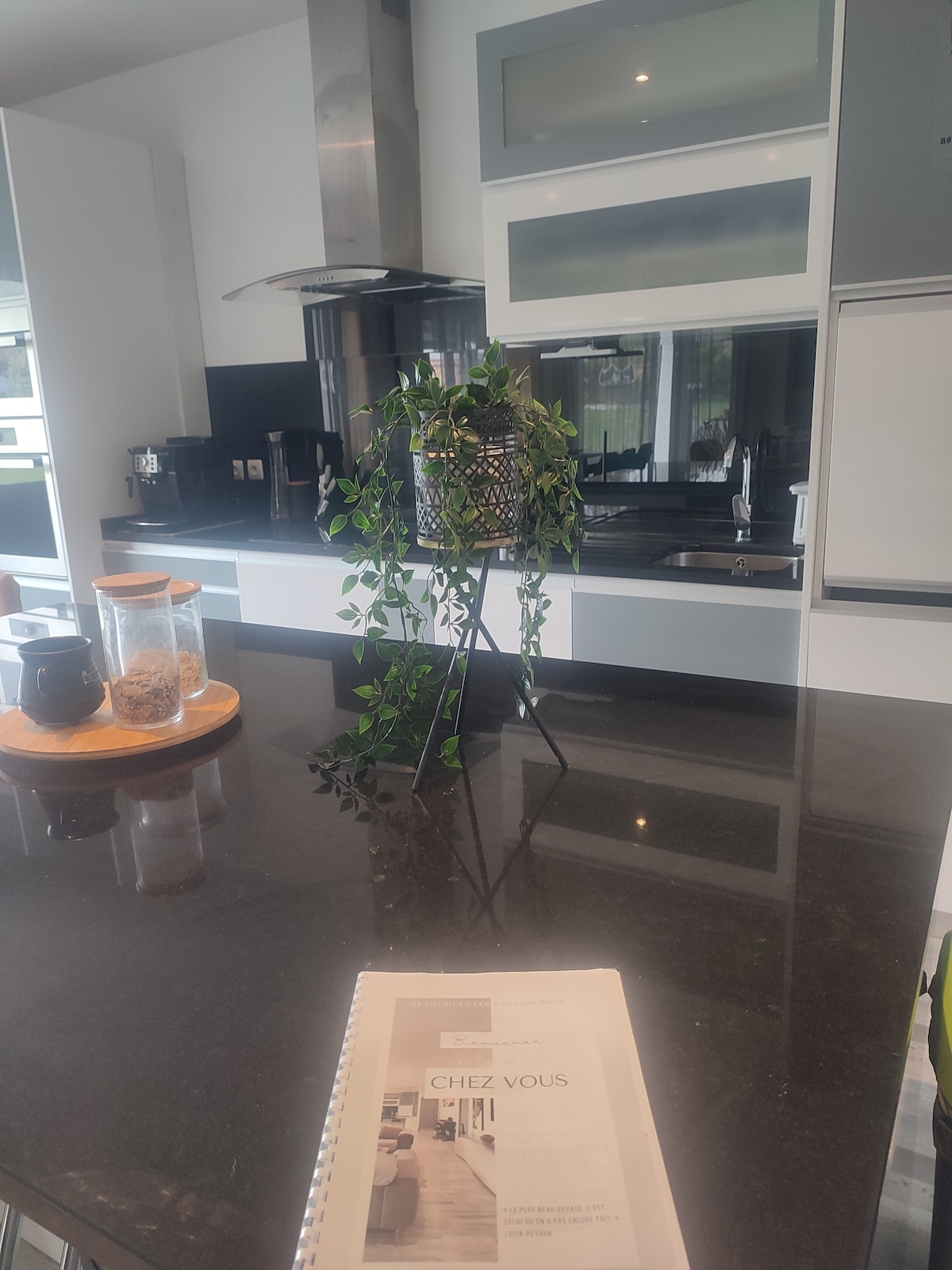 A modern kitchen is presented with sleek black countertops, complemented by minimalist cabinetry. A decorative plant stands beside a glass jar, while an open booklet titled 'Chez Vous' rests on the surface. Stainless steel appliances and a hood are visible in the background.