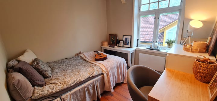 Chumba cha kulala kina kitanda cha kifalme chenye upana 120 pamoja na dawati na luva zisizo na mwangaza. 