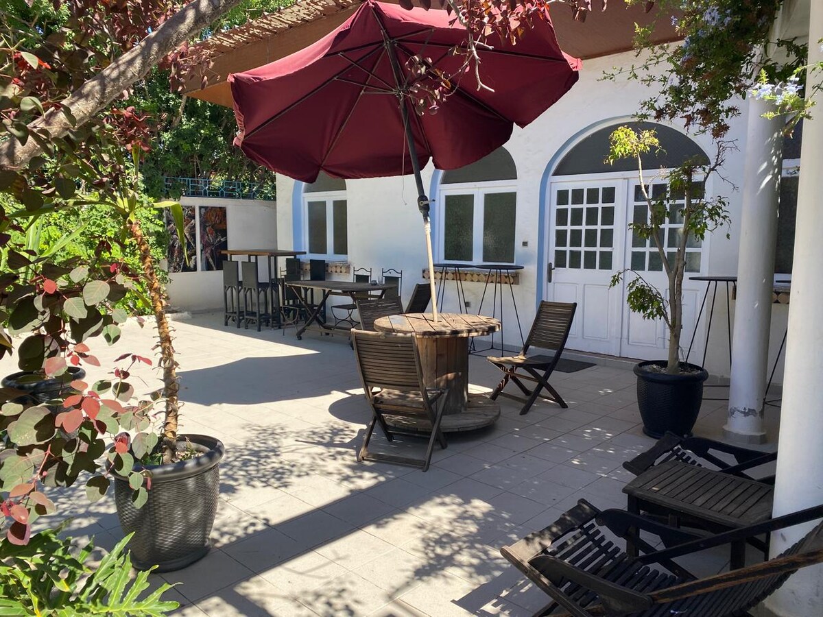 A spacious outdoor terrace features a large, shaded umbrella over a circular table surrounded by chairs. The area is adorned with potted plants and offers a relaxing setting among greenery, while a bar area with stools is visible against the backdrop of the home.