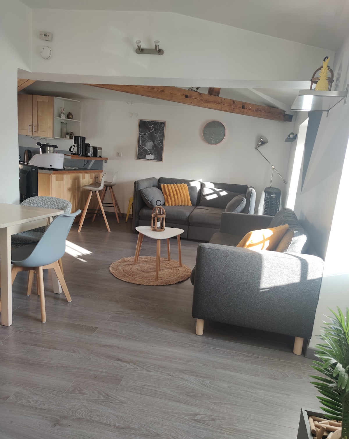 A bright, open living space features two cozy sofas and a small round table with chairs. A warm throw sits on one sofa, and natural light fills the room through a nearby window. The kitchen area is visible in the background, adding to the overall welcoming environment.