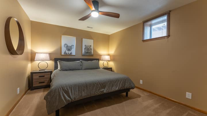 Basement bedroom with king size bed and walk-in closet.