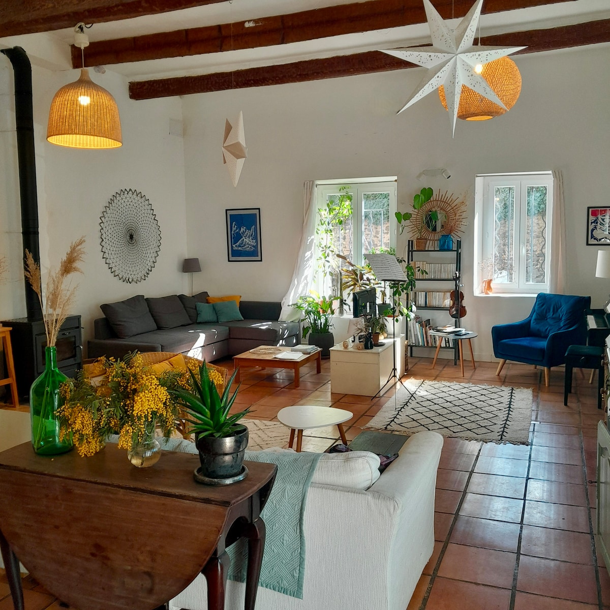 A spacious living area features a variety of seating options, including dark gray sofas and a blue armchair. A coffee table is surrounded by decorative plants. Natural light enters through two windows, with art adorning the walls and unique light fixtures above.