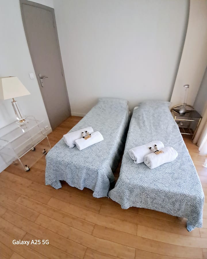 Habitación con 2 camas individuales con vistas a la terraza